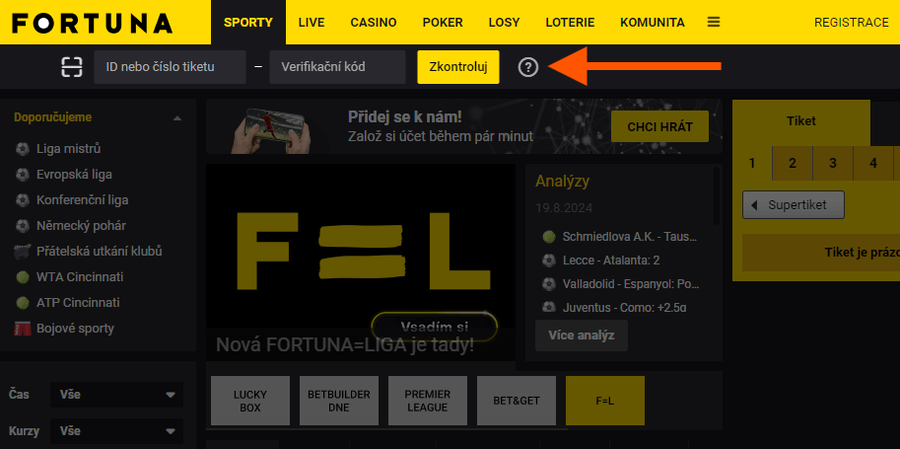 Kontrola tiketu online na www iFortuna cz