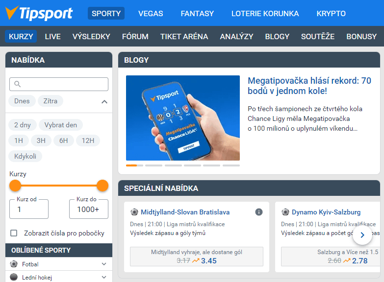 Filtr kurzové nabídky Tipsport CZ