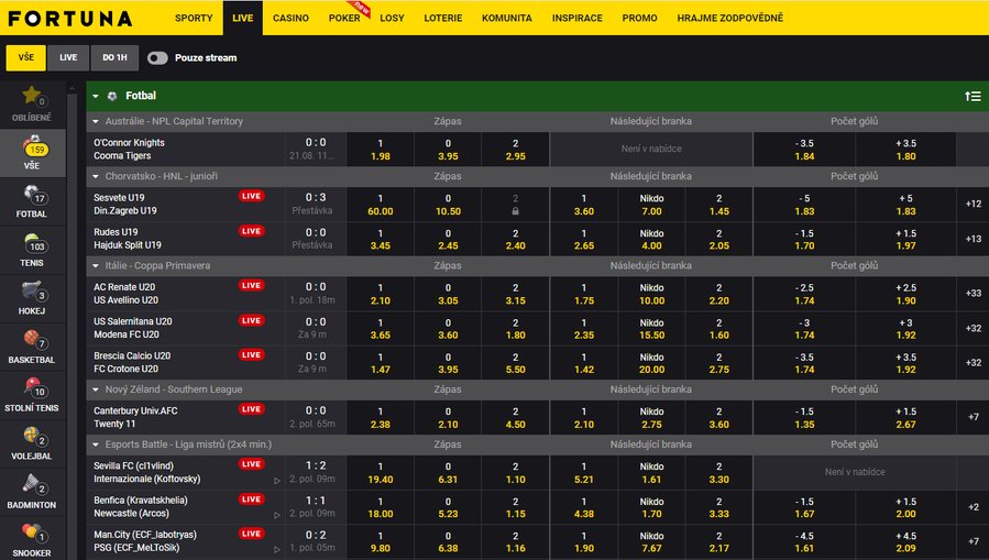 Live sázky na Fortuně - vyfiltrujte si vaše oblíbené události a live kurzy