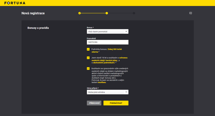 Fortuna registrace: bonus a vstupní promo kód
