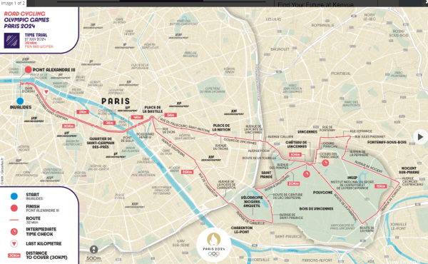 Silniční cyklistika - časovka na LOH 2024 v Paříži, mapa trasy