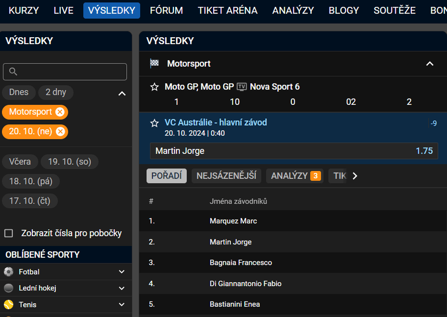 Auto moto sport online: Kontrola výsledků u Tipsportu