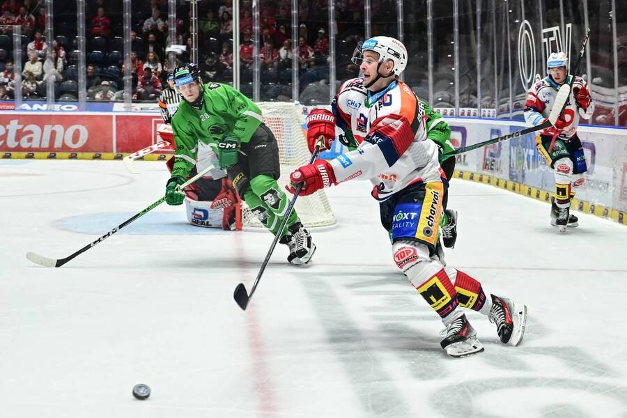 Pavol Skalický (Bruslaři) a Roman Červenka (Dynamo) v zápase hokejové extraligy, Mladá Boleslav a Pardubice se utkají i v dnešním 17. kole