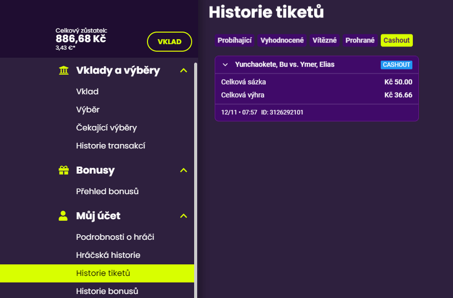 Kingsbet cashout SOLO tiketu - příklad