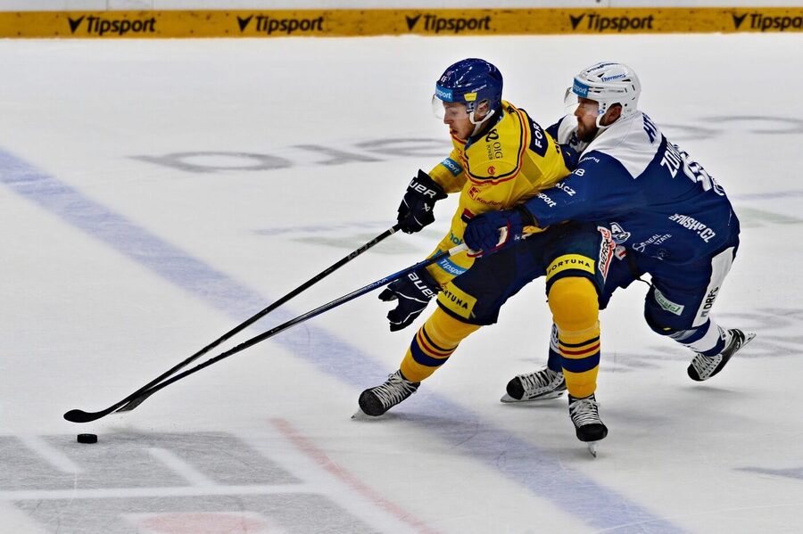 Zápas ELH, České Budějovice vs. Kometa Brno, v souboji Tomáš Cibulka (Motor) s Hynkem Zohornou (Kometa)