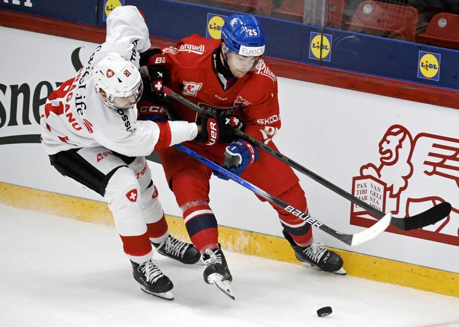 Radan Lenc v souboji o kotouč s Nicolasem Baechlerem v rámci Euro Hockey Tour