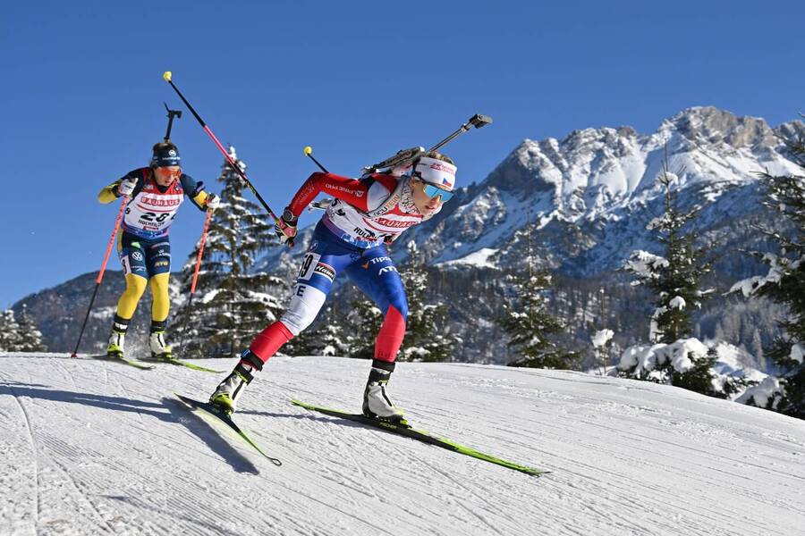 Tereza Voborníková během závodu SP v biatlonu 2024/2025, dnes ji čeká 15km vytrvalostní závod biatlonistek v Ruhpoldingu