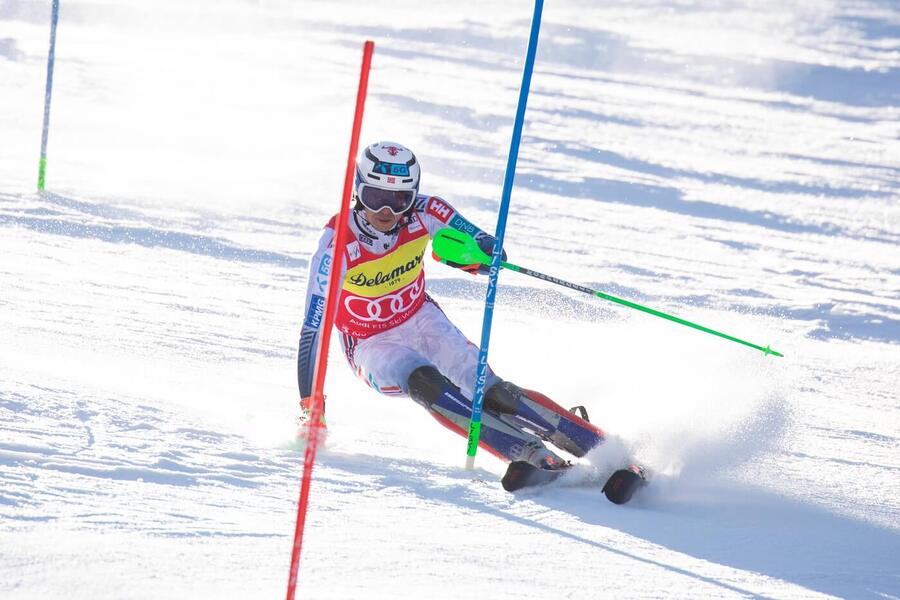 Alpské lyžování, FIS Světový pohár, Henrik Kristoffersen během slalomu, Kranjska Gora, Slovinsko