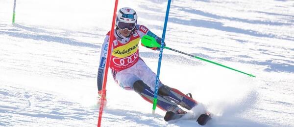 Alpské lyžování, FIS Světový pohár, Henrik Kristoffersen během slalomu, Kranjska Gora, Slovinsko